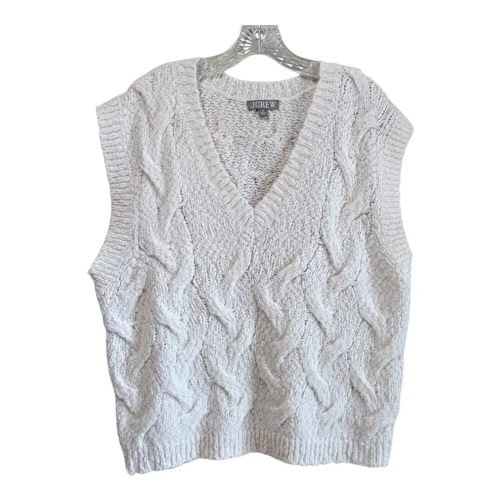 J CREW Women M Sweater Vest V-Neck Cream White Cable Knit Wool Alpaca Blend 44